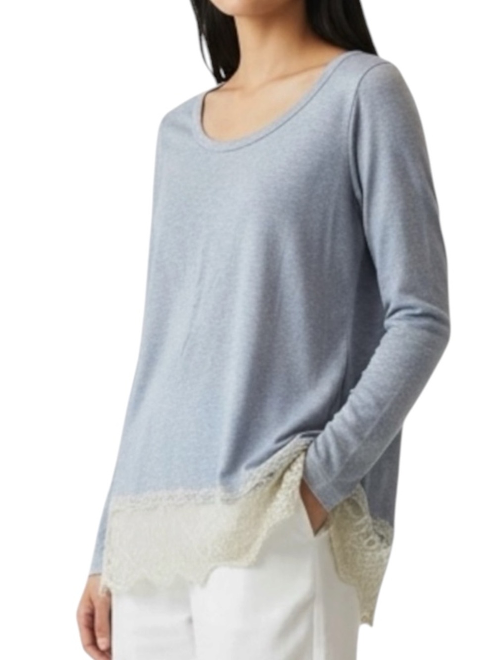 SOFT SURROUNDINGS Long-sleeved Tee w/ Lace at Hem Shirt in Blue Size XS